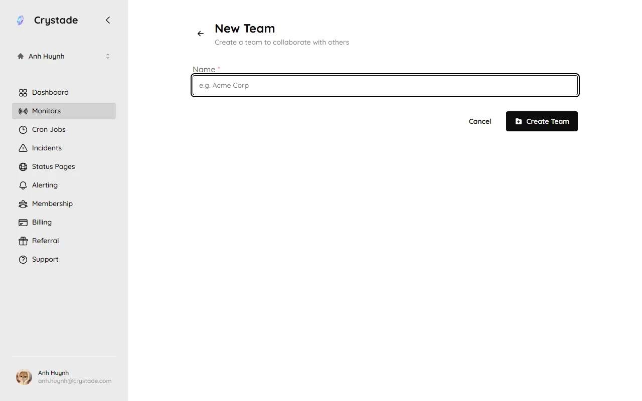 Create a new team form with a display name field