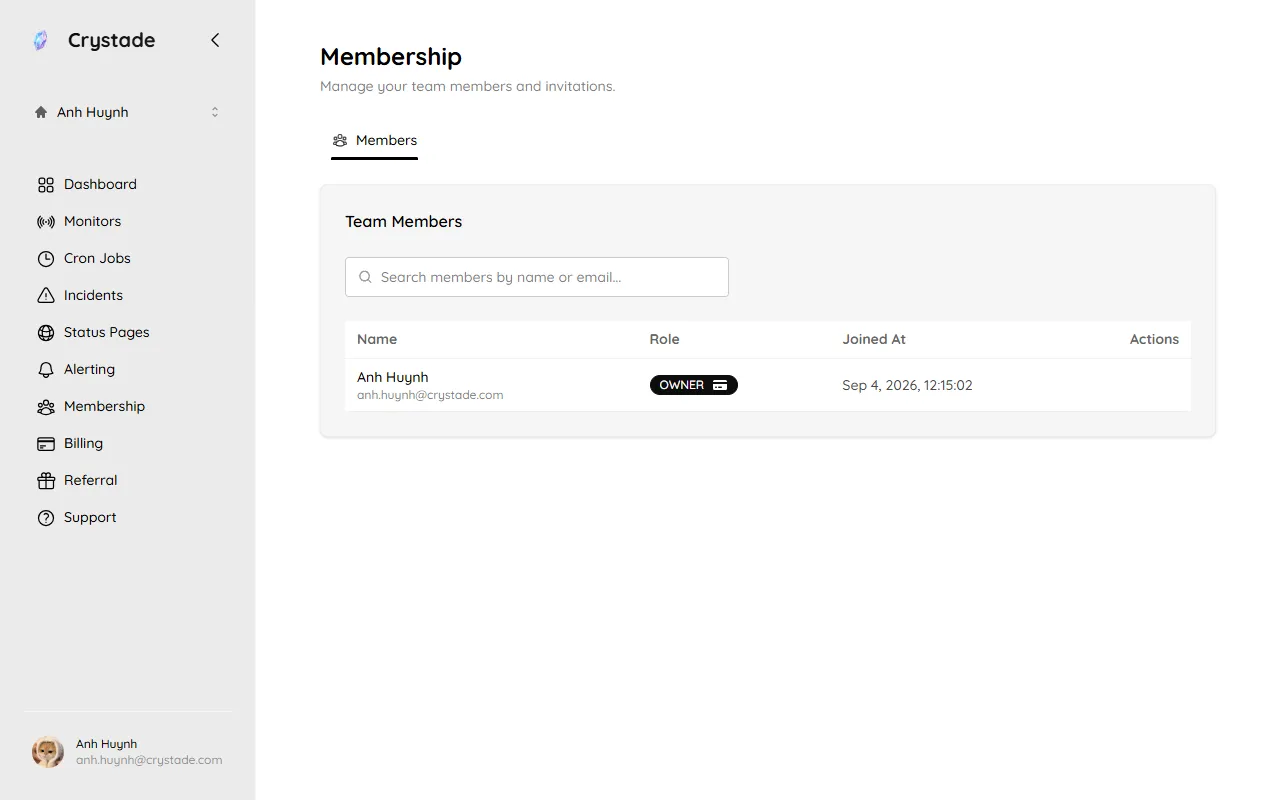 Personal team Membership page with a Members tab and no Invite Member action