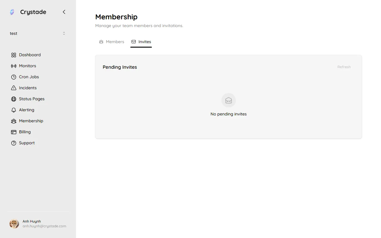 Membership page with Team Members, Invite Member, and a Billing Admin badge on the owner