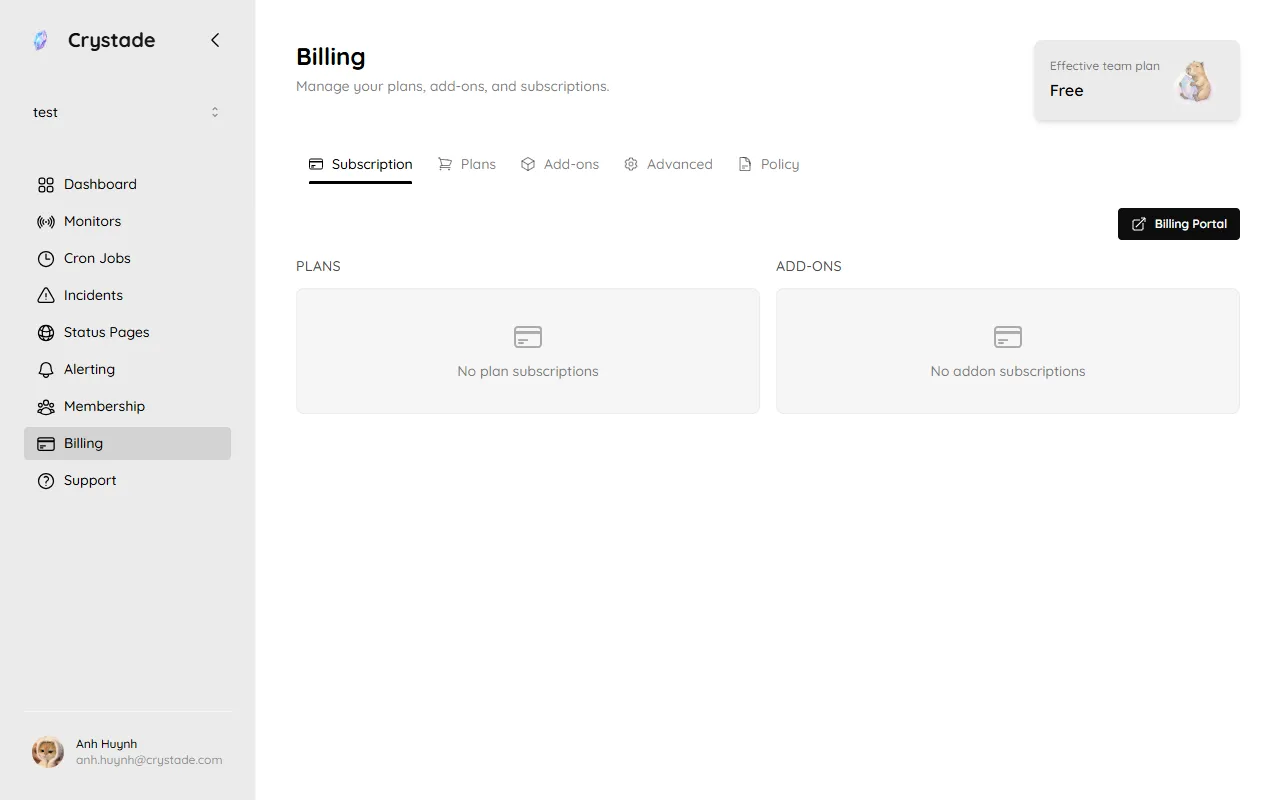 Billing page with current plan, addons, and Manage billing