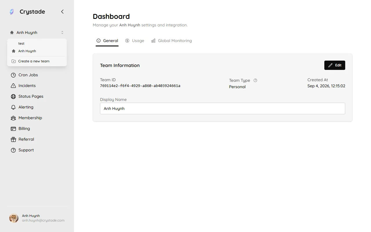 Sidebar team switcher listing teams and Create a new team